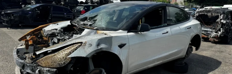 Uitgebrande witte auto op autosloperij