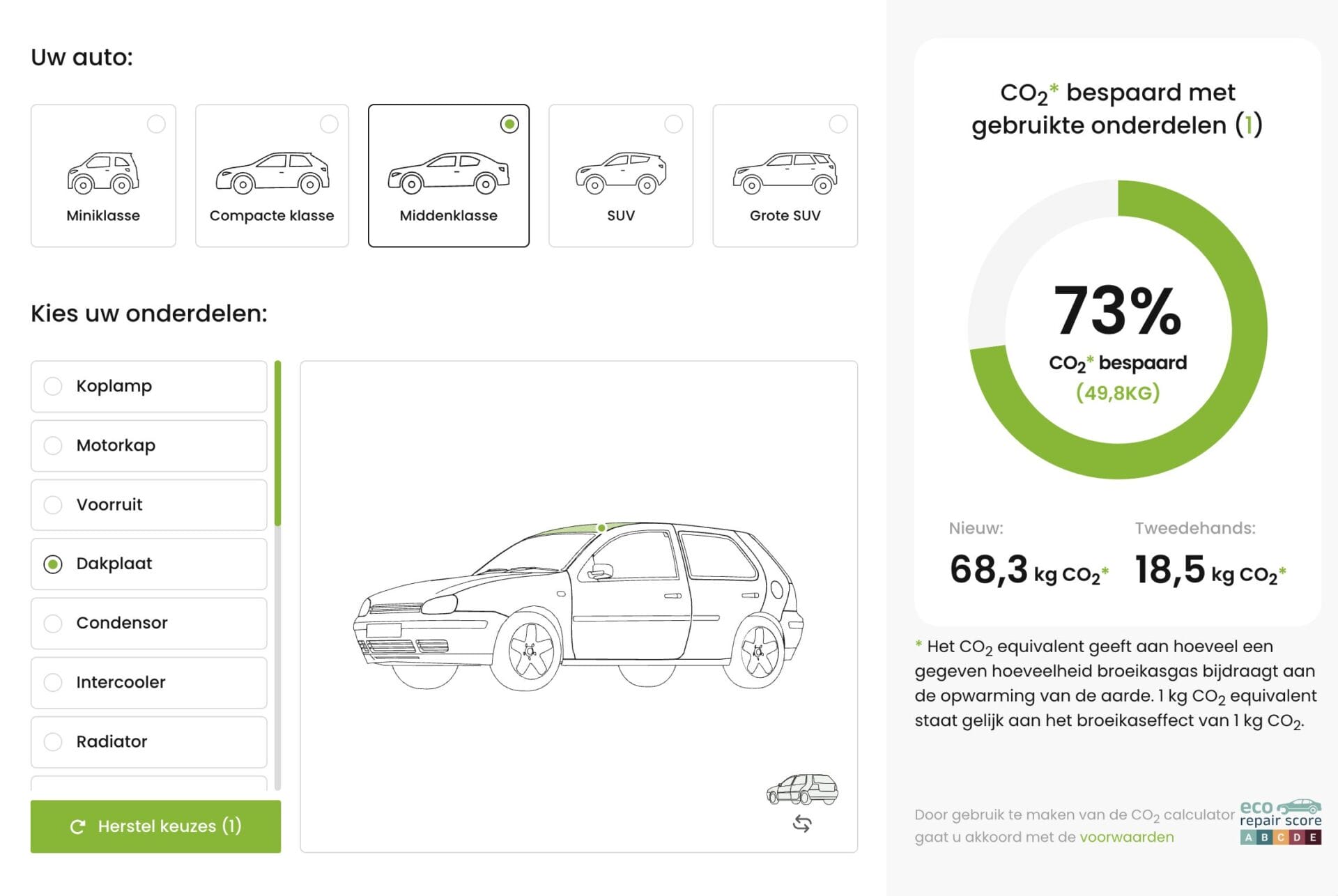 Auto-onderdelen selectie en CO2-besparing calculator interface
