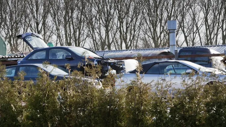 Autowrakken op een autosloperij met bomen